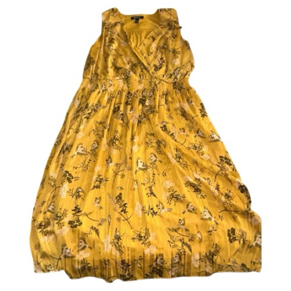 Plus Size Golden Yellow Floral Striped Bird V-Neck Midi Dress 1X EUC